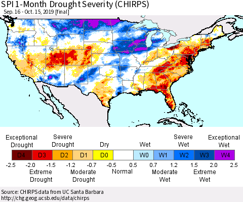 United States SPI 1-Month Drought Severity (CHIRPS) Thematic Map For 9/16/2019 - 10/15/2019