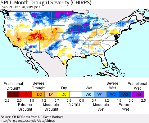 United States SPI 1-Month Drought Severity (CHIRPS) Thematic Map For 9/21/2019 - 10/20/2019