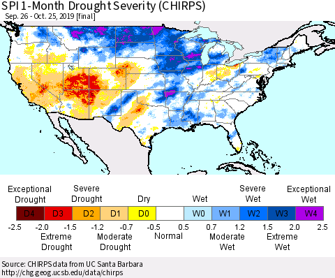 United States SPI 1-Month Drought Severity (CHIRPS) Thematic Map For 9/26/2019 - 10/25/2019