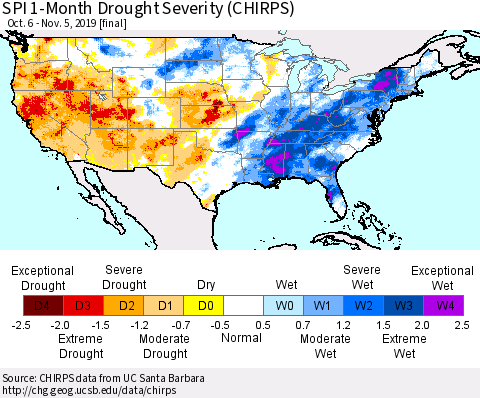 United States SPI 1-Month Drought Severity (CHIRPS) Thematic Map For 10/6/2019 - 11/5/2019