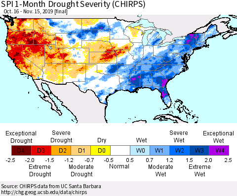 United States SPI 1-Month Drought Severity (CHIRPS) Thematic Map For 10/16/2019 - 11/15/2019