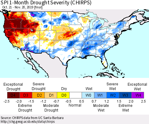 United States SPI 1-Month Drought Severity (CHIRPS) Thematic Map For 10/21/2019 - 11/20/2019