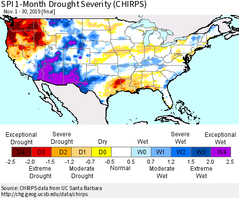 United States SPI 1-Month Drought Severity (CHIRPS) Thematic Map For 11/1/2019 - 11/30/2019