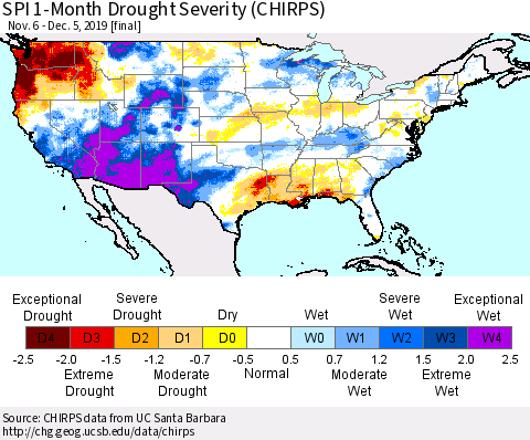 United States SPI 1-Month Drought Severity (CHIRPS) Thematic Map For 11/6/2019 - 12/5/2019