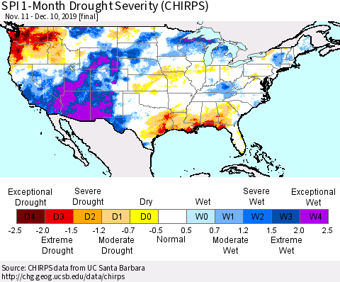 United States SPI 1-Month Drought Severity (CHIRPS) Thematic Map For 11/11/2019 - 12/10/2019