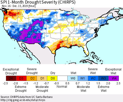 United States SPI 1-Month Drought Severity (CHIRPS) Thematic Map For 11/16/2019 - 12/15/2019