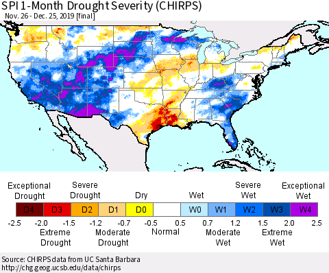 United States SPI 1-Month Drought Severity (CHIRPS) Thematic Map For 11/26/2019 - 12/25/2019