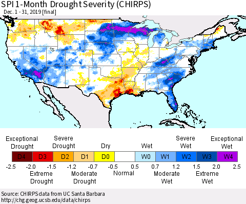 United States SPI 1-Month Drought Severity (CHIRPS) Thematic Map For 12/1/2019 - 12/31/2019