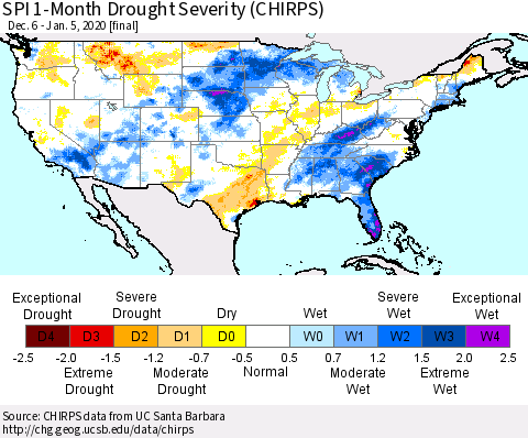 United States SPI 1-Month Drought Severity (CHIRPS) Thematic Map For 12/6/2019 - 1/5/2020