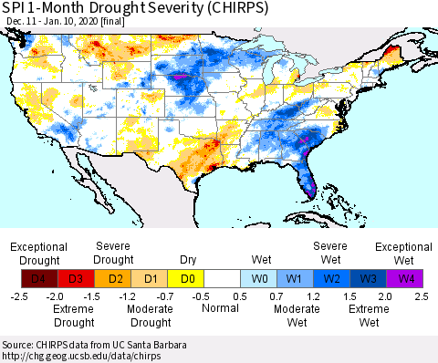 United States SPI 1-Month Drought Severity (CHIRPS) Thematic Map For 12/11/2019 - 1/10/2020