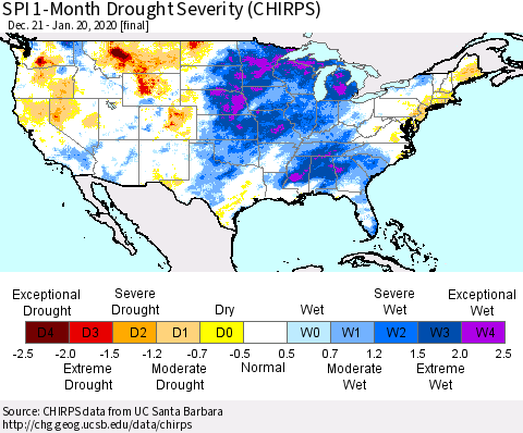 United States SPI 1-Month Drought Severity (CHIRPS) Thematic Map For 12/21/2019 - 1/20/2020