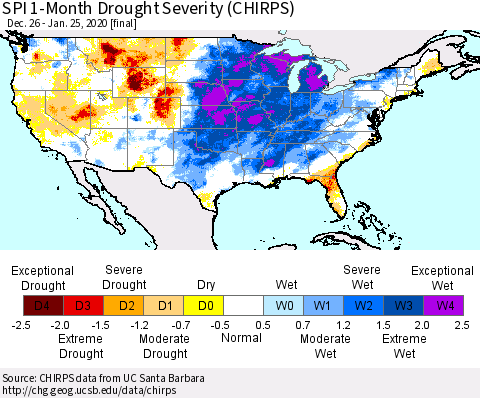 United States SPI 1-Month Drought Severity (CHIRPS) Thematic Map For 12/26/2019 - 1/25/2020