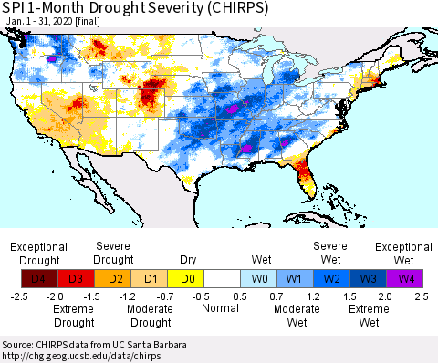 United States SPI 1-Month Drought Severity (CHIRPS) Thematic Map For 1/1/2020 - 1/31/2020