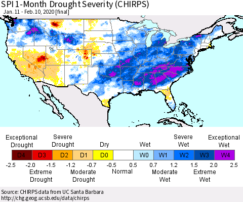 United States SPI 1-Month Drought Severity (CHIRPS) Thematic Map For 1/11/2020 - 2/10/2020