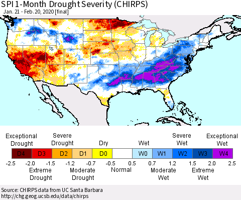 United States SPI 1-Month Drought Severity (CHIRPS) Thematic Map For 1/21/2020 - 2/20/2020