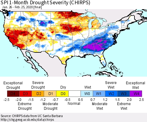 United States SPI 1-Month Drought Severity (CHIRPS) Thematic Map For 1/26/2020 - 2/25/2020