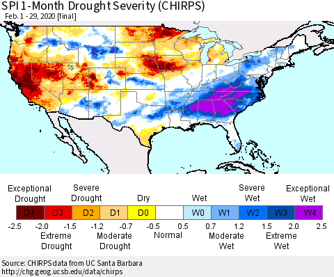 United States SPI 1-Month Drought Severity (CHIRPS) Thematic Map For 2/1/2020 - 2/29/2020