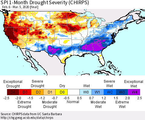 United States SPI 1-Month Drought Severity (CHIRPS) Thematic Map For 2/6/2020 - 3/5/2020