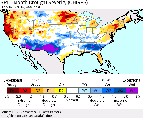 United States SPI 1-Month Drought Severity (CHIRPS) Thematic Map For 2/16/2020 - 3/15/2020