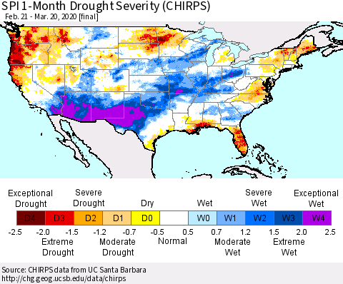 United States SPI 1-Month Drought Severity (CHIRPS) Thematic Map For 2/21/2020 - 3/20/2020