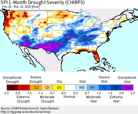 United States SPI 1-Month Drought Severity (CHIRPS) Thematic Map For 2/26/2020 - 3/25/2020