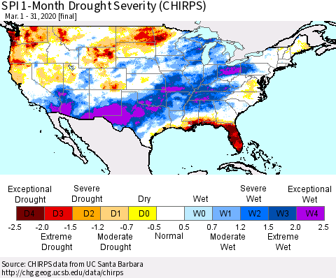 United States SPI 1-Month Drought Severity (CHIRPS) Thematic Map For 3/1/2020 - 3/31/2020