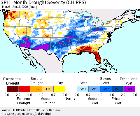 United States SPI 1-Month Drought Severity (CHIRPS) Thematic Map For 3/6/2020 - 4/5/2020