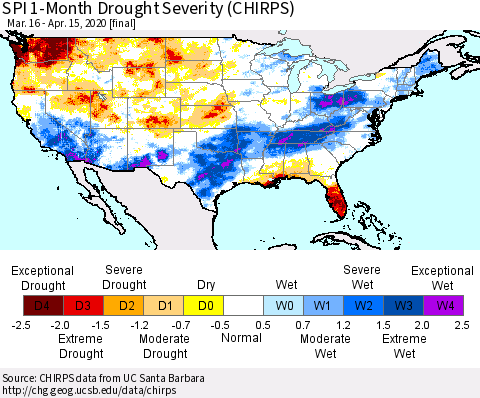 United States SPI 1-Month Drought Severity (CHIRPS) Thematic Map For 3/16/2020 - 4/15/2020