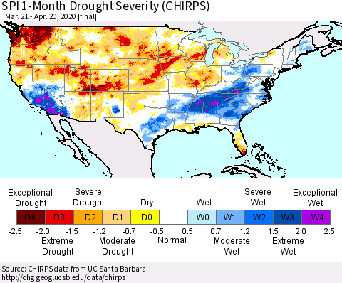 United States SPI 1-Month Drought Severity (CHIRPS) Thematic Map For 3/21/2020 - 4/20/2020