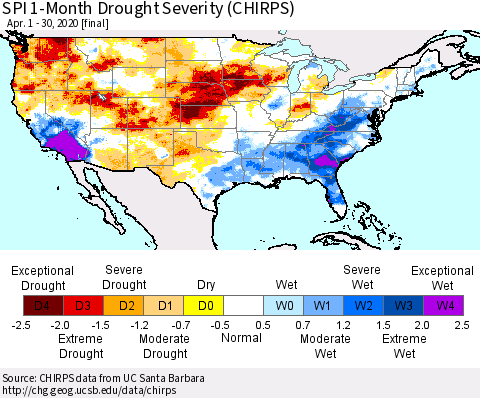 United States SPI 1-Month Drought Severity (CHIRPS) Thematic Map For 4/1/2020 - 4/30/2020