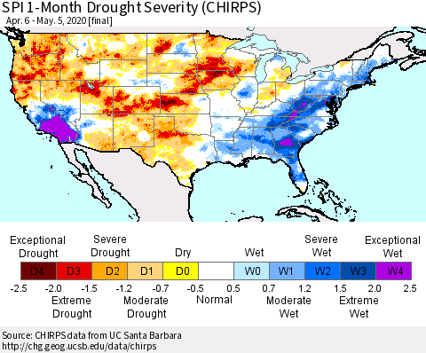 United States SPI 1-Month Drought Severity (CHIRPS) Thematic Map For 4/6/2020 - 5/5/2020