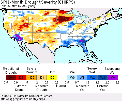United States SPI 1-Month Drought Severity (CHIRPS) Thematic Map For 4/16/2020 - 5/15/2020