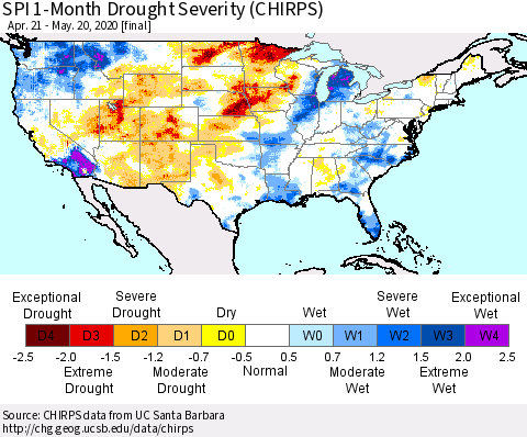 United States SPI 1-Month Drought Severity (CHIRPS) Thematic Map For 4/21/2020 - 5/20/2020