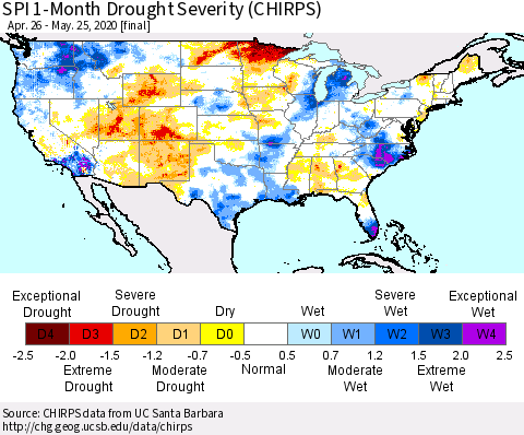 United States SPI 1-Month Drought Severity (CHIRPS) Thematic Map For 4/26/2020 - 5/25/2020