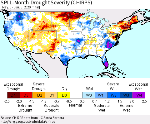 United States SPI 1-Month Drought Severity (CHIRPS) Thematic Map For 5/6/2020 - 6/5/2020