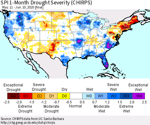 United States SPI 1-Month Drought Severity (CHIRPS) Thematic Map For 5/11/2020 - 6/10/2020