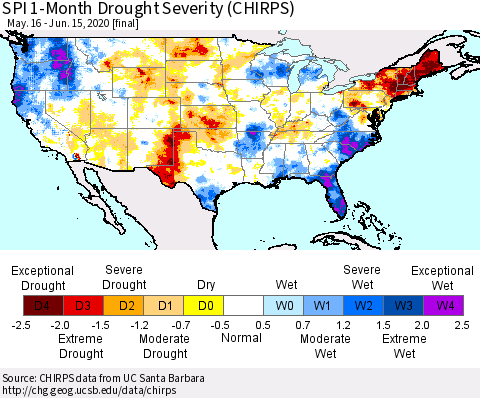 United States SPI 1-Month Drought Severity (CHIRPS) Thematic Map For 5/16/2020 - 6/15/2020