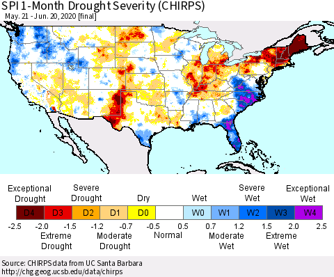 United States SPI 1-Month Drought Severity (CHIRPS) Thematic Map For 5/21/2020 - 6/20/2020