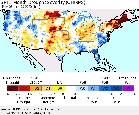 United States SPI 1-Month Drought Severity (CHIRPS) Thematic Map For 5/26/2020 - 6/25/2020