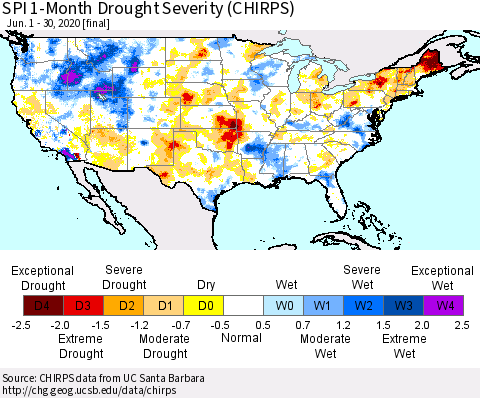 United States SPI 1-Month Drought Severity (CHIRPS) Thematic Map For 6/1/2020 - 6/30/2020