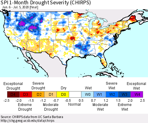 United States SPI 1-Month Drought Severity (CHIRPS) Thematic Map For 6/6/2020 - 7/5/2020