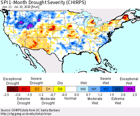 United States SPI 1-Month Drought Severity (CHIRPS) Thematic Map For 6/11/2020 - 7/10/2020