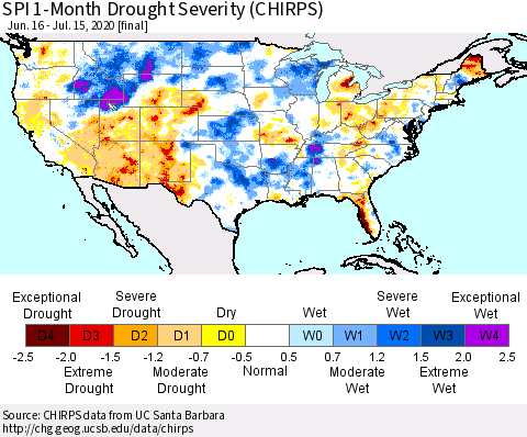United States SPI 1-Month Drought Severity (CHIRPS) Thematic Map For 6/16/2020 - 7/15/2020