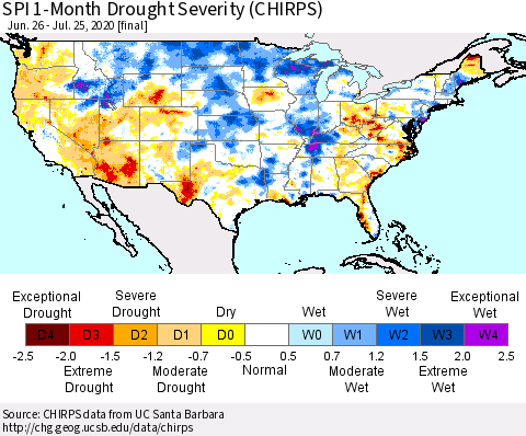 United States SPI 1-Month Drought Severity (CHIRPS) Thematic Map For 6/26/2020 - 7/25/2020