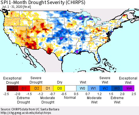 United States SPI 1-Month Drought Severity (CHIRPS) Thematic Map For 7/1/2020 - 7/31/2020