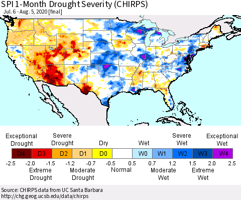 United States SPI 1-Month Drought Severity (CHIRPS) Thematic Map For 7/6/2020 - 8/5/2020