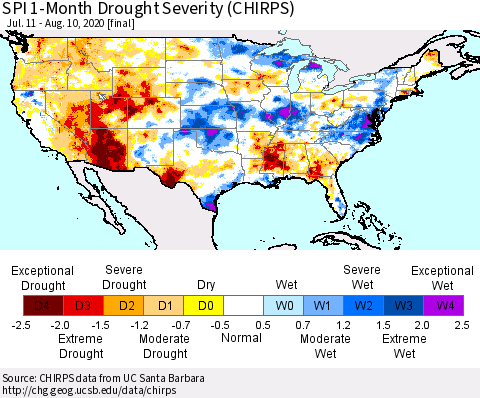 United States SPI 1-Month Drought Severity (CHIRPS) Thematic Map For 7/11/2020 - 8/10/2020