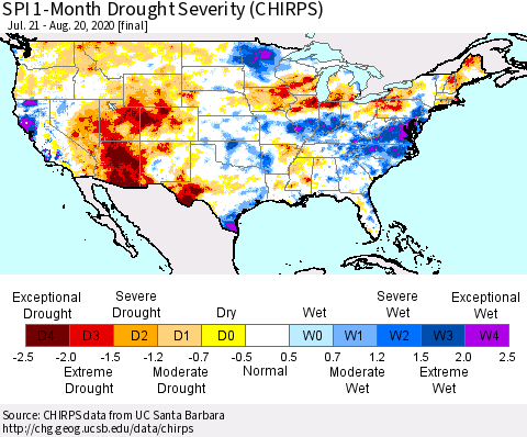 United States SPI 1-Month Drought Severity (CHIRPS) Thematic Map For 7/21/2020 - 8/20/2020