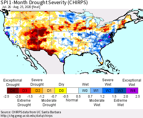 United States SPI 1-Month Drought Severity (CHIRPS) Thematic Map For 7/26/2020 - 8/25/2020