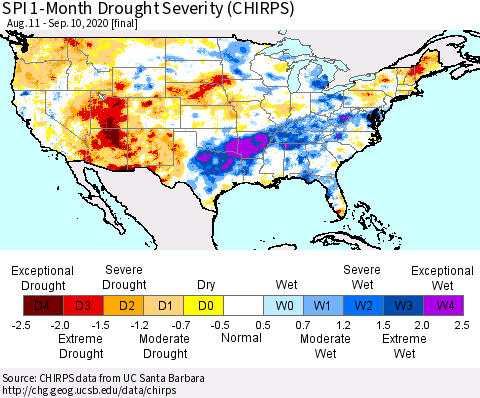 United States SPI 1-Month Drought Severity (CHIRPS) Thematic Map For 8/11/2020 - 9/10/2020